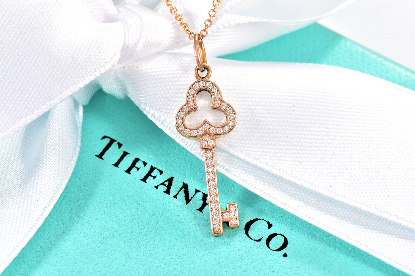 Tiffany & Co Diamond 18K Rose Gold Open Trefoil Key Pendant 16" Necklace in Box