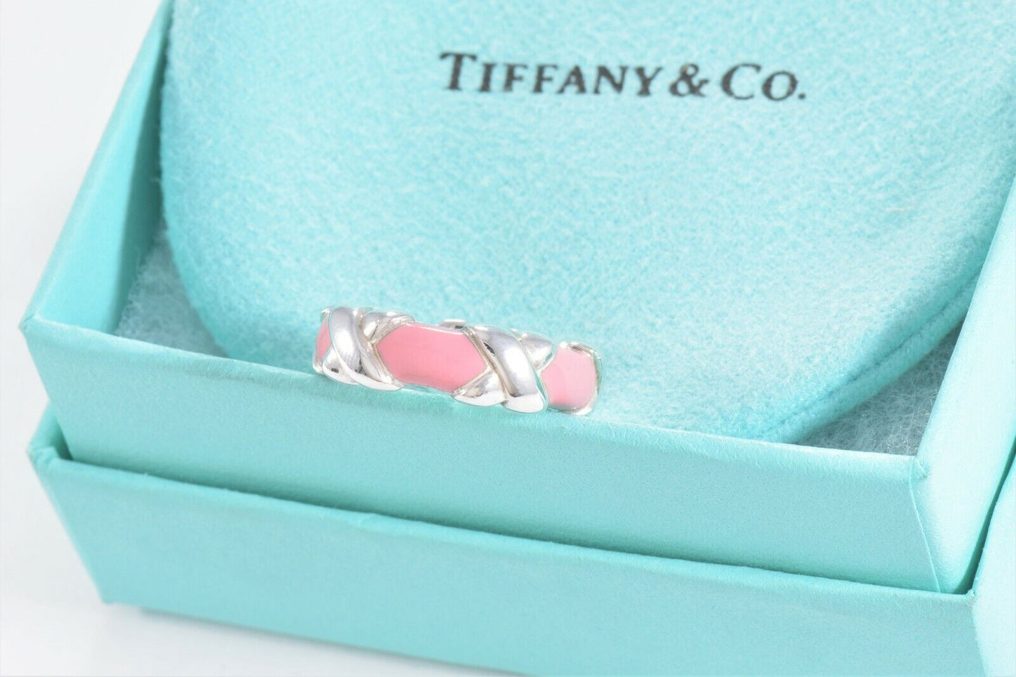 Tiffany & Co Silver Pink Enamel Signature X Stack Band Ring Size 9 in Pouch Rare