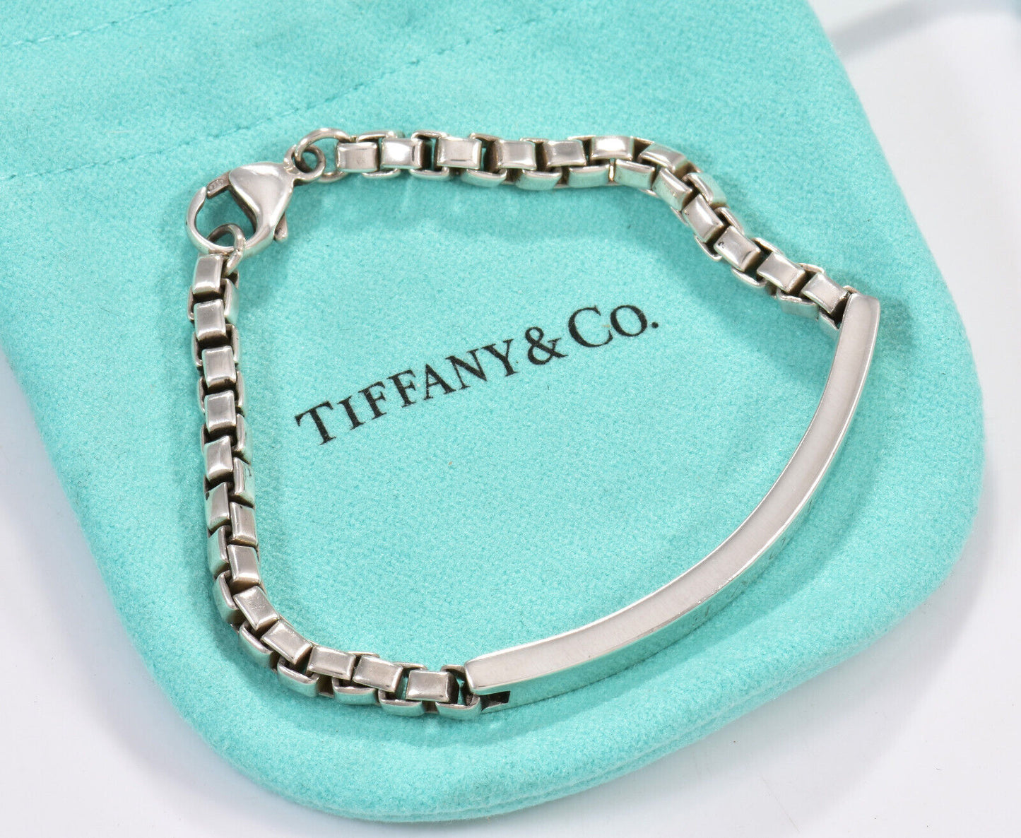 Tiffany & Co Silver LOVE Engraved Venetian Box Link ID Bar Bracelet 6.75" Pouch