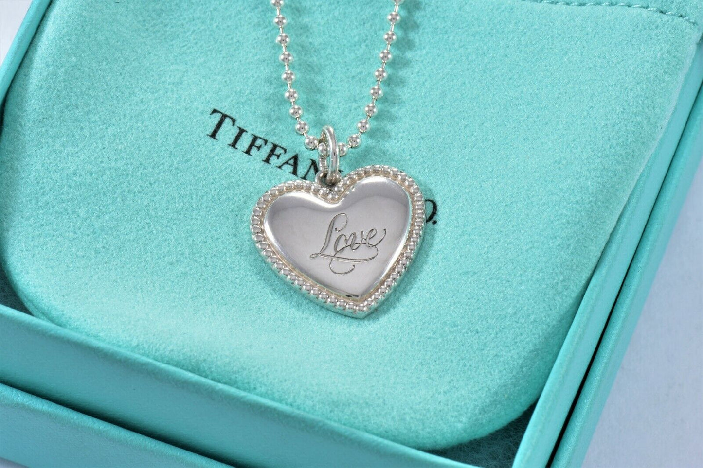 Tiffany & Co Silver Love Signature Heart Pendant Bead Necklace Box Pouch Ribbon