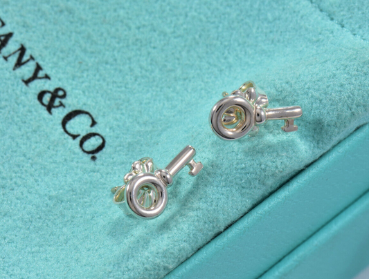 Tiffany & Co Sterling Silver Mini Key Stud Earrings in Pouch Rare Lovely Gift