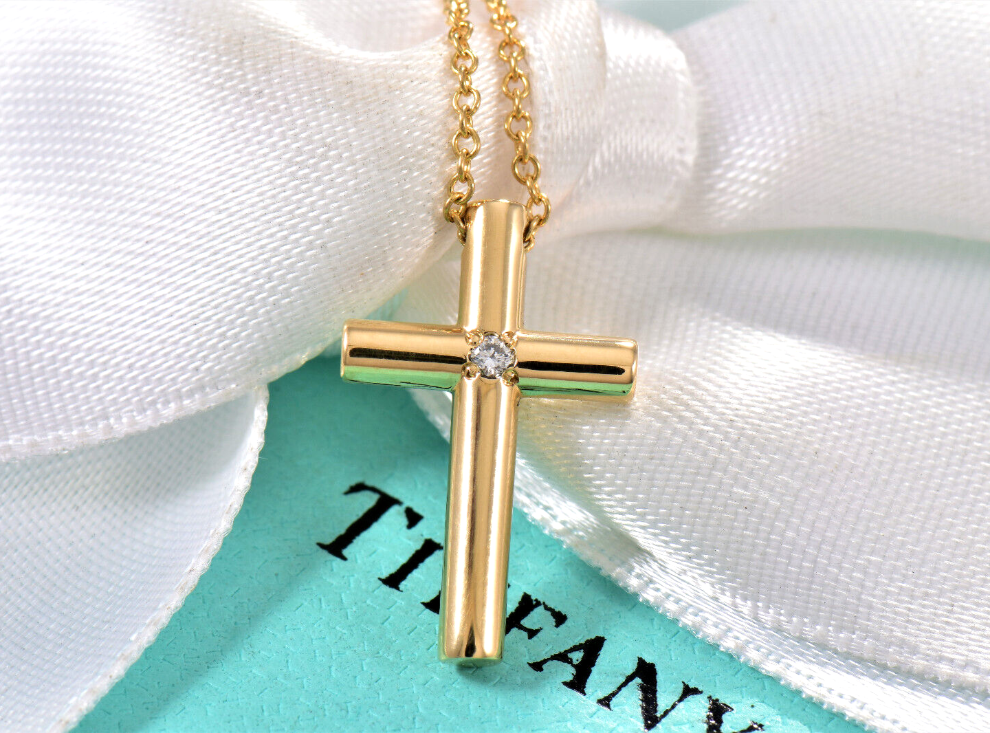 Tiffany & Co 18K Yellow Gold Diamond Cross Pendant 16" Necklace & Box Pouch Rare