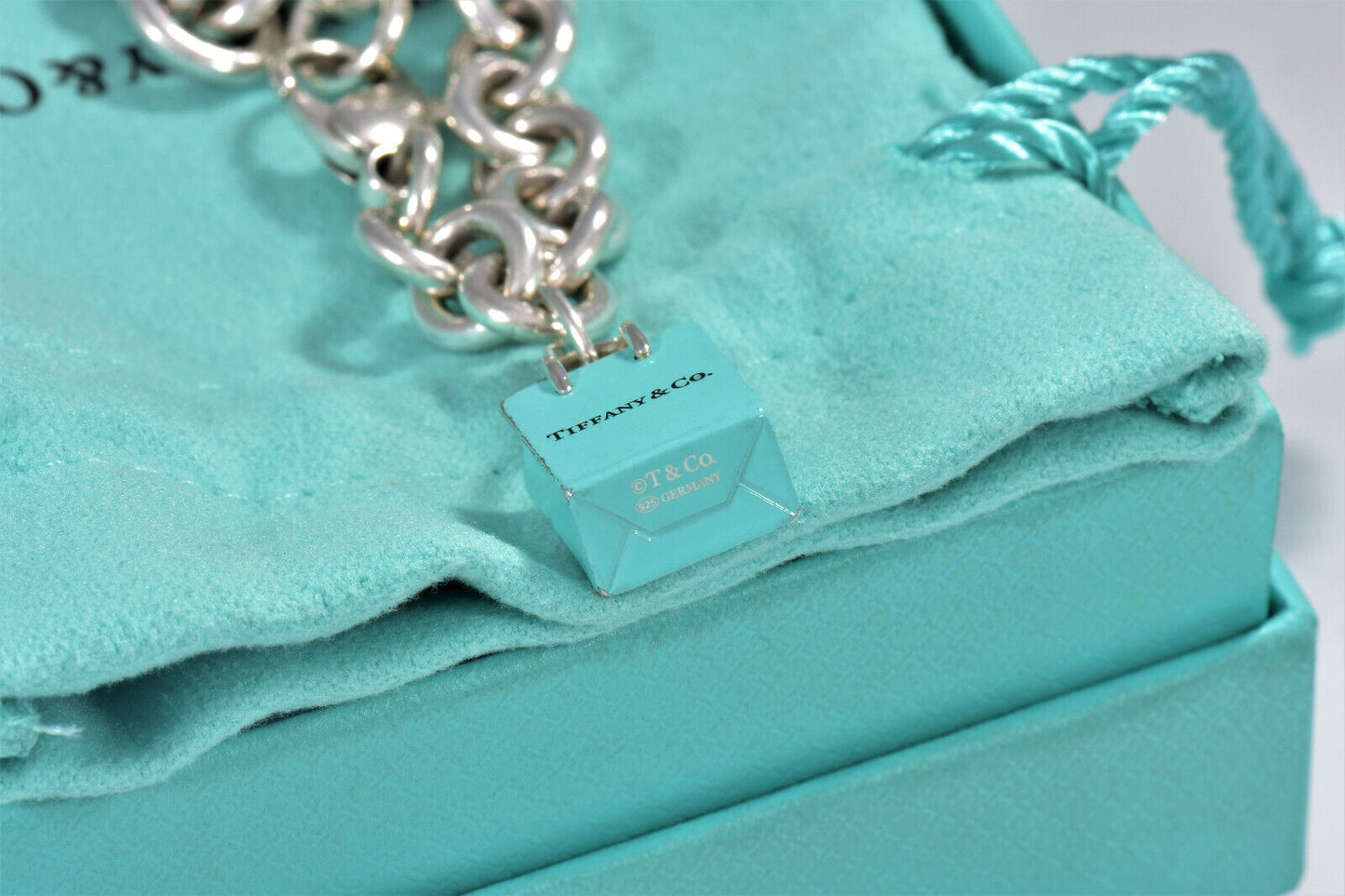 Tiffany & Co Silver Blue Enamel Shopping Bag Charm 7.75" Chain Link Bracelet