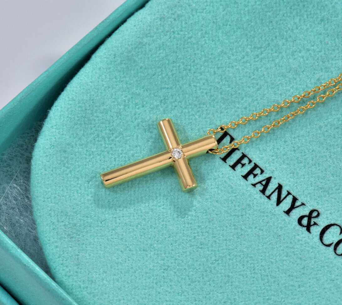 Tiffany & Co 18K Yellow Gold Diamond Cross Pendant 16" Necklace & Box Pouch Rare