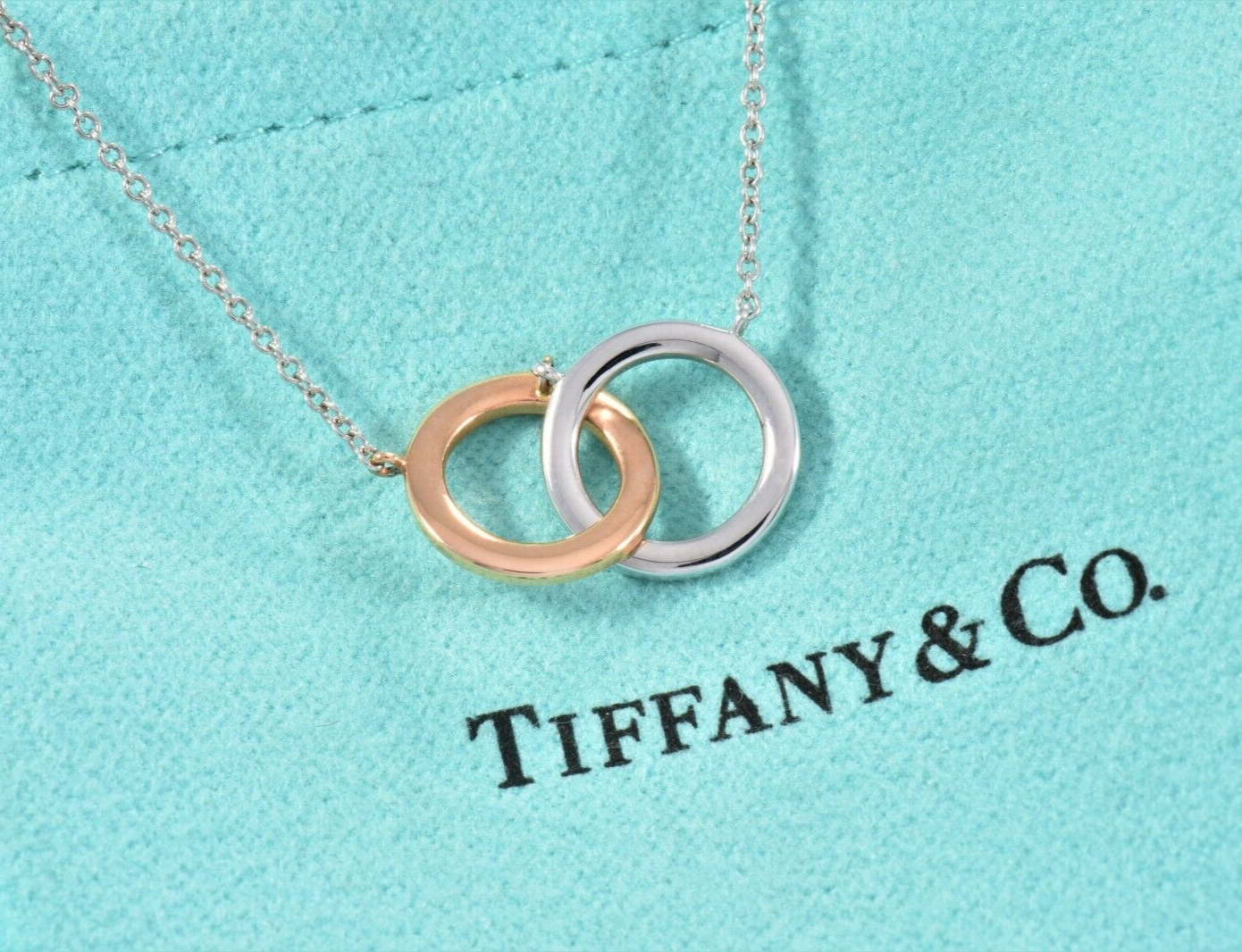 Tiffany & Co Diamond 18k White Rose Gold Interlocking Circles Pendant Necklace