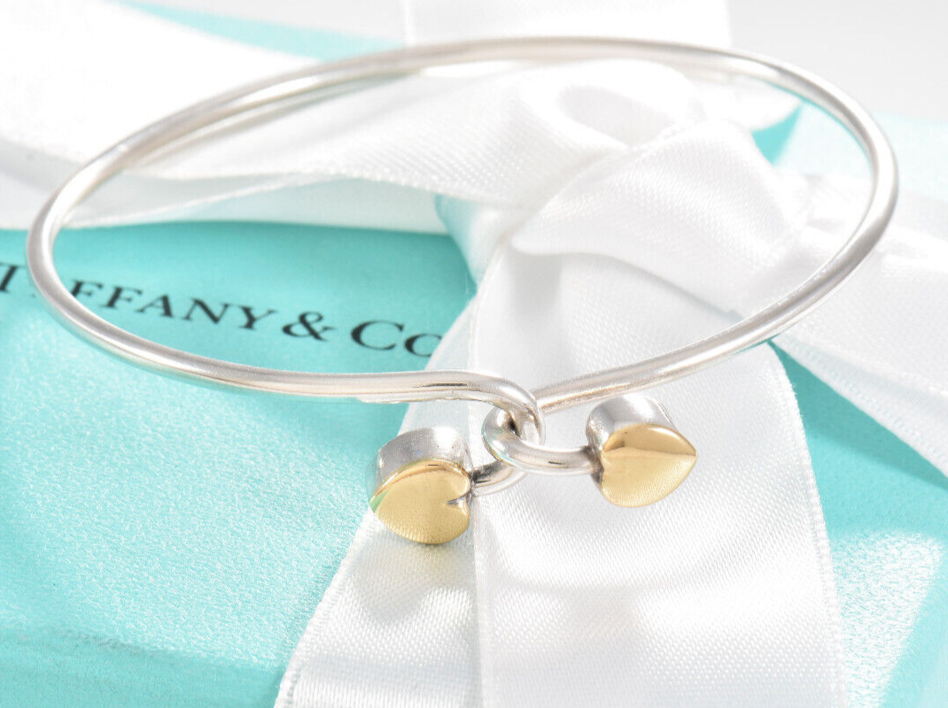 Tiffany & Co 18k Gold Silver Double Heart Hook Bracelet in Box Pouch Bangle Rare