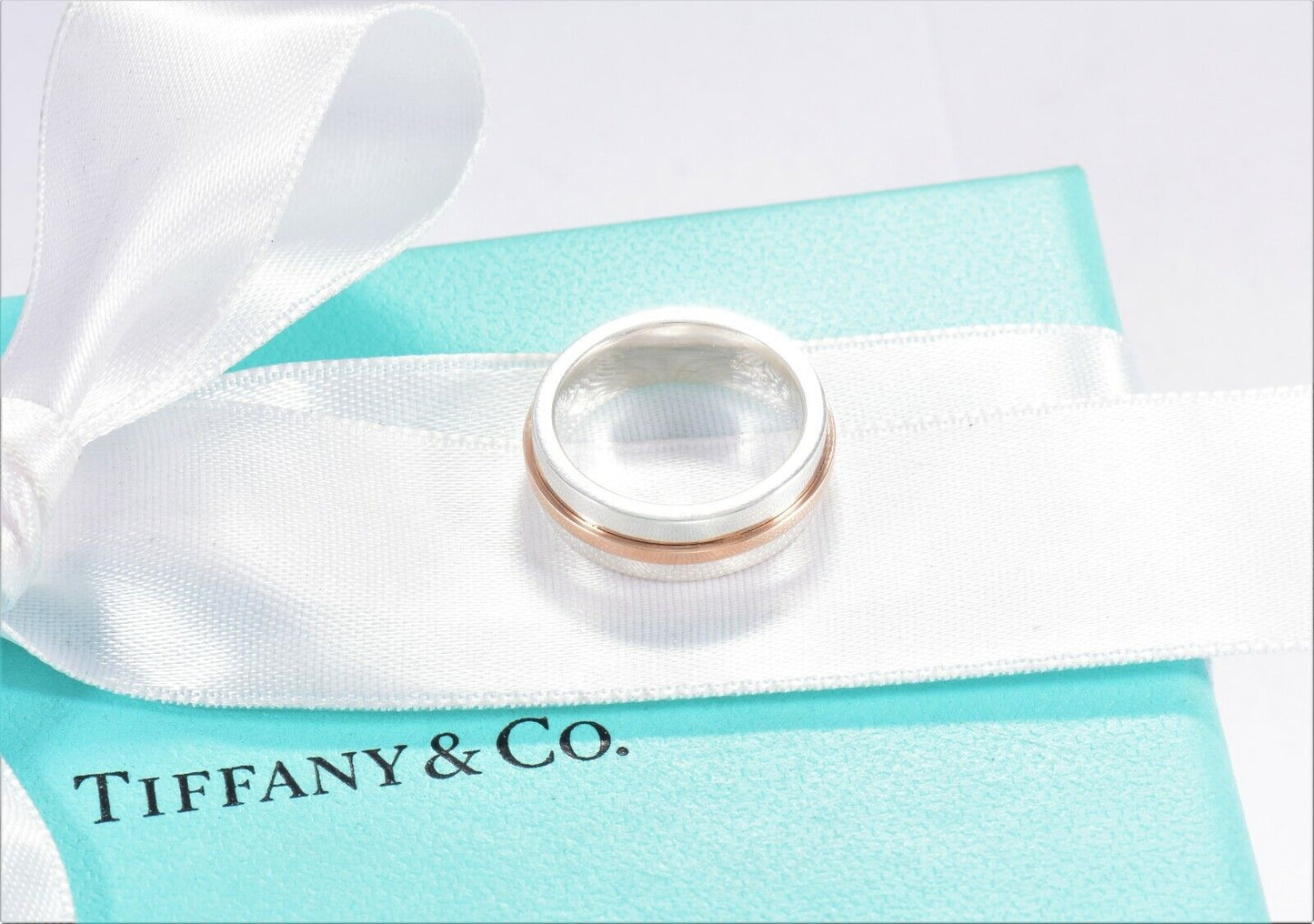 Tiffany & Co Silver 18k Rose Gold T Square 6mm Wide Band Ring Size 4 and Pouch