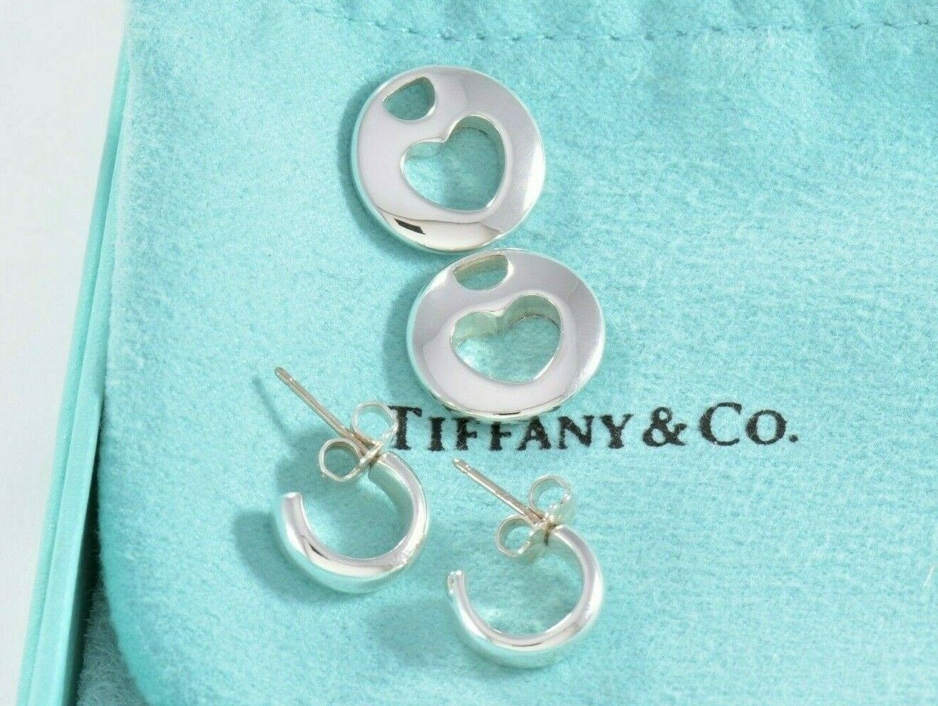 Tiffany & Co Silver Open Heart Cutout Hoop Dangle Stencil Love Earrings 2 in 1