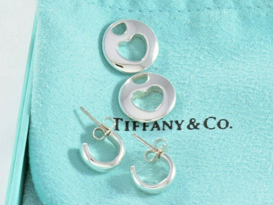 Tiffany & Co Silver Open Heart Cutout Hoop Dangle Stencil Love Earrings 2 in 1