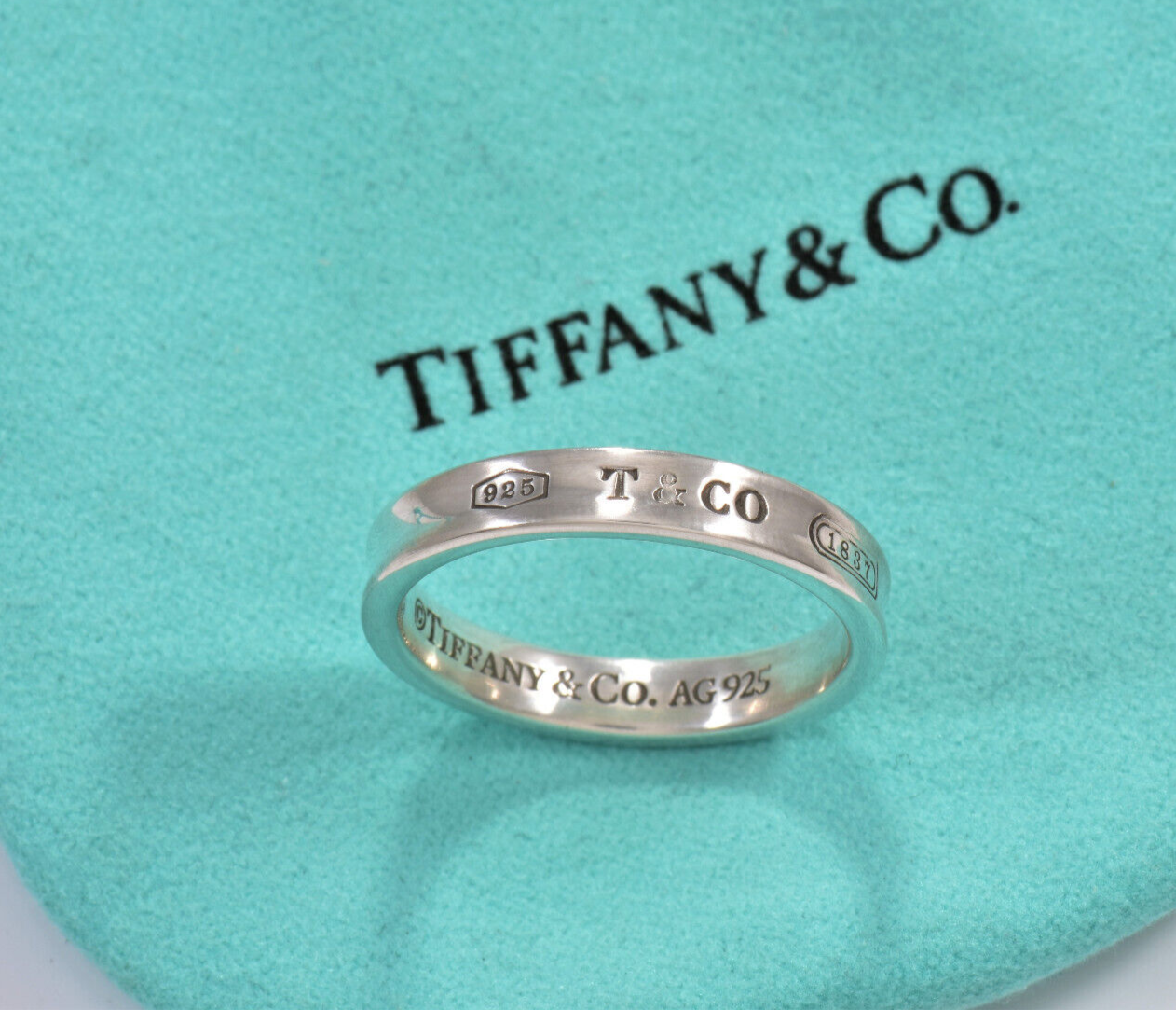 Tiffany & Co Silver 1837 Narrow Band Stack Ring Size 5 in Pouch Unisex Mens Love