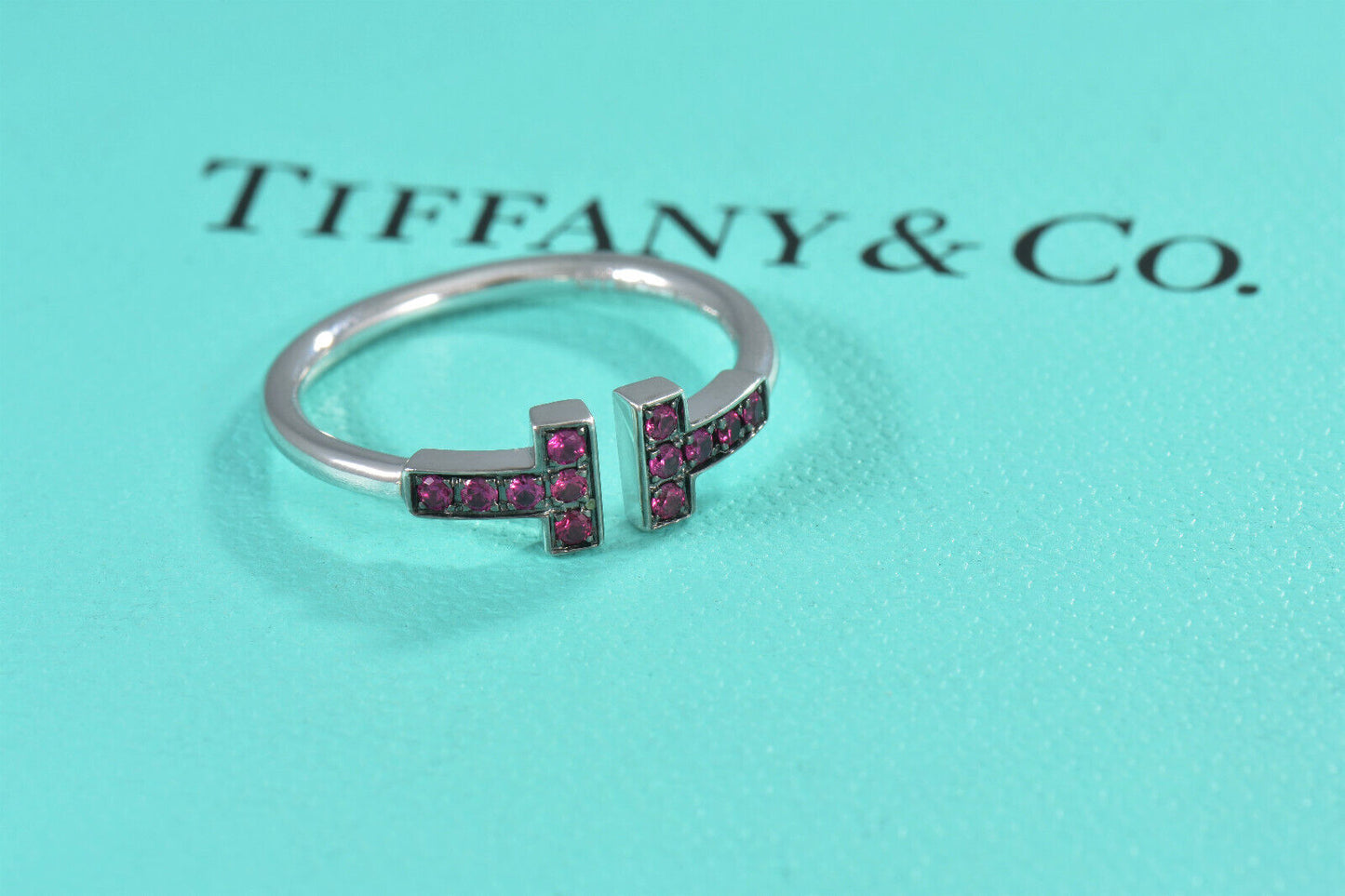 Tiffany & Co Red Ruby 18K White Gold T Square Wire Ring Size 4 in Box Pouch Rare