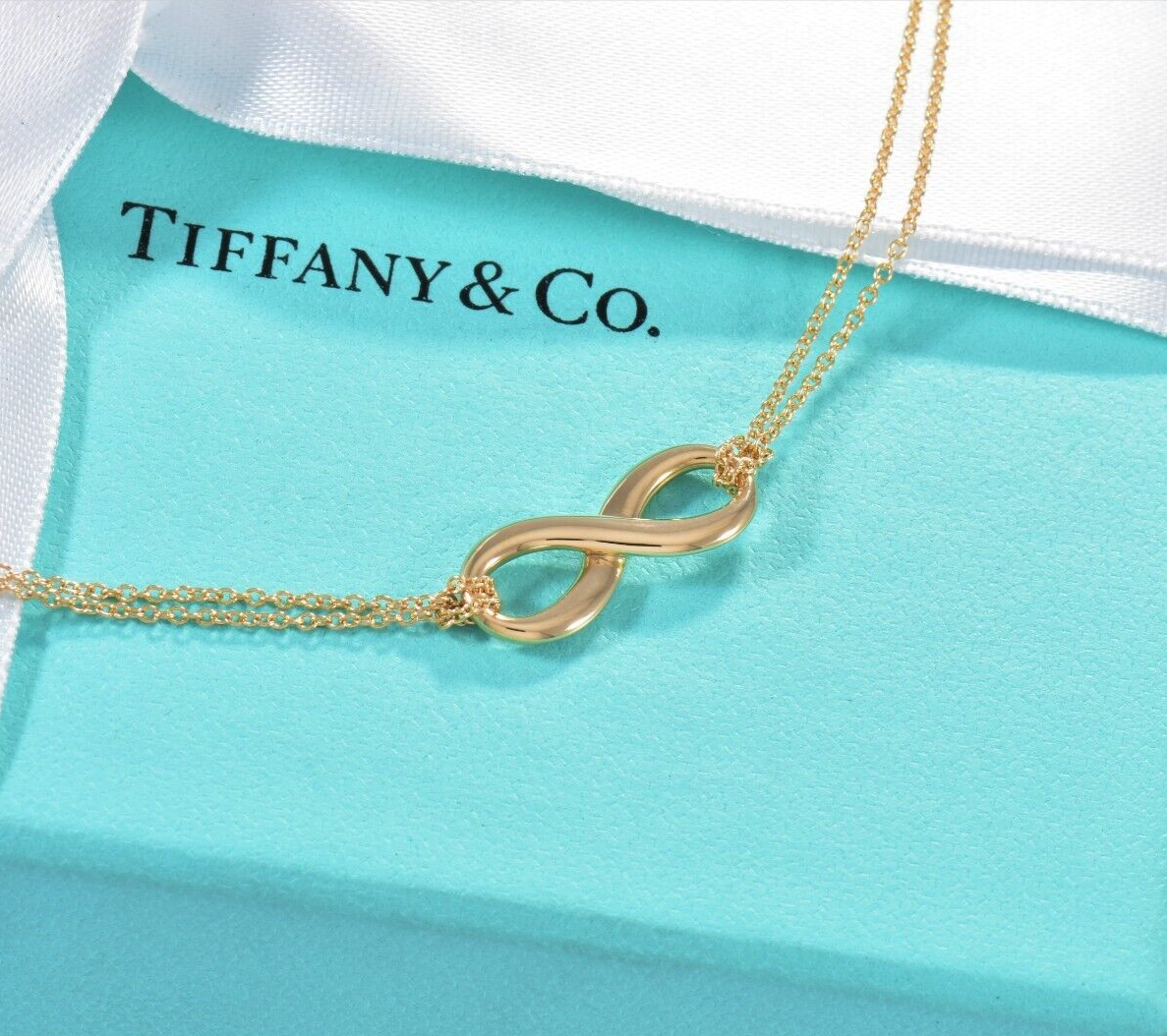 Tiffany & Co 18K Yellow Gold Infinity Pendant Double Chain Necklace in Box Pouch