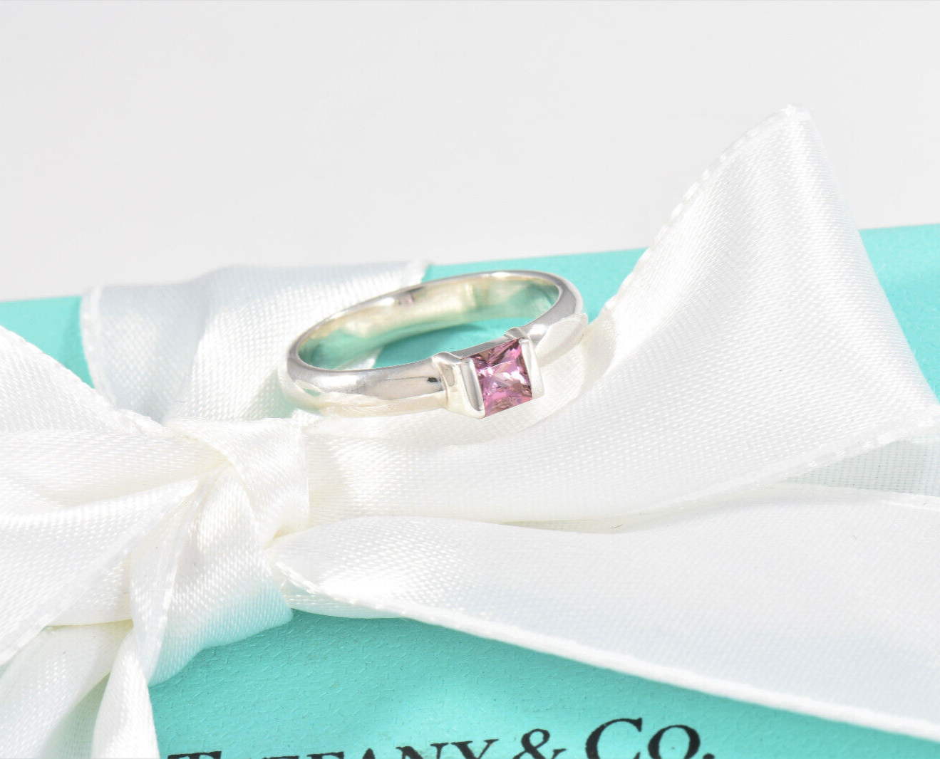 Tiffany & Co Sterling Silver Pink Sapphire Square Stack Band Ring Size 6 Boxed