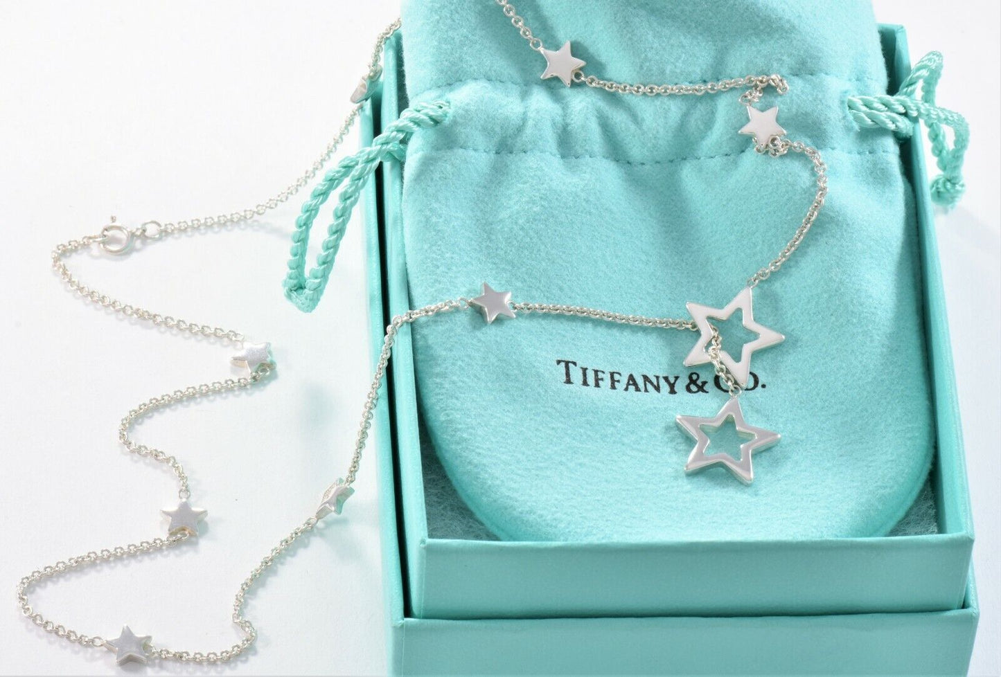 Tiffany & Co Silver Star Link Lariat Pendant Adjustable Necklace and Box Pouch