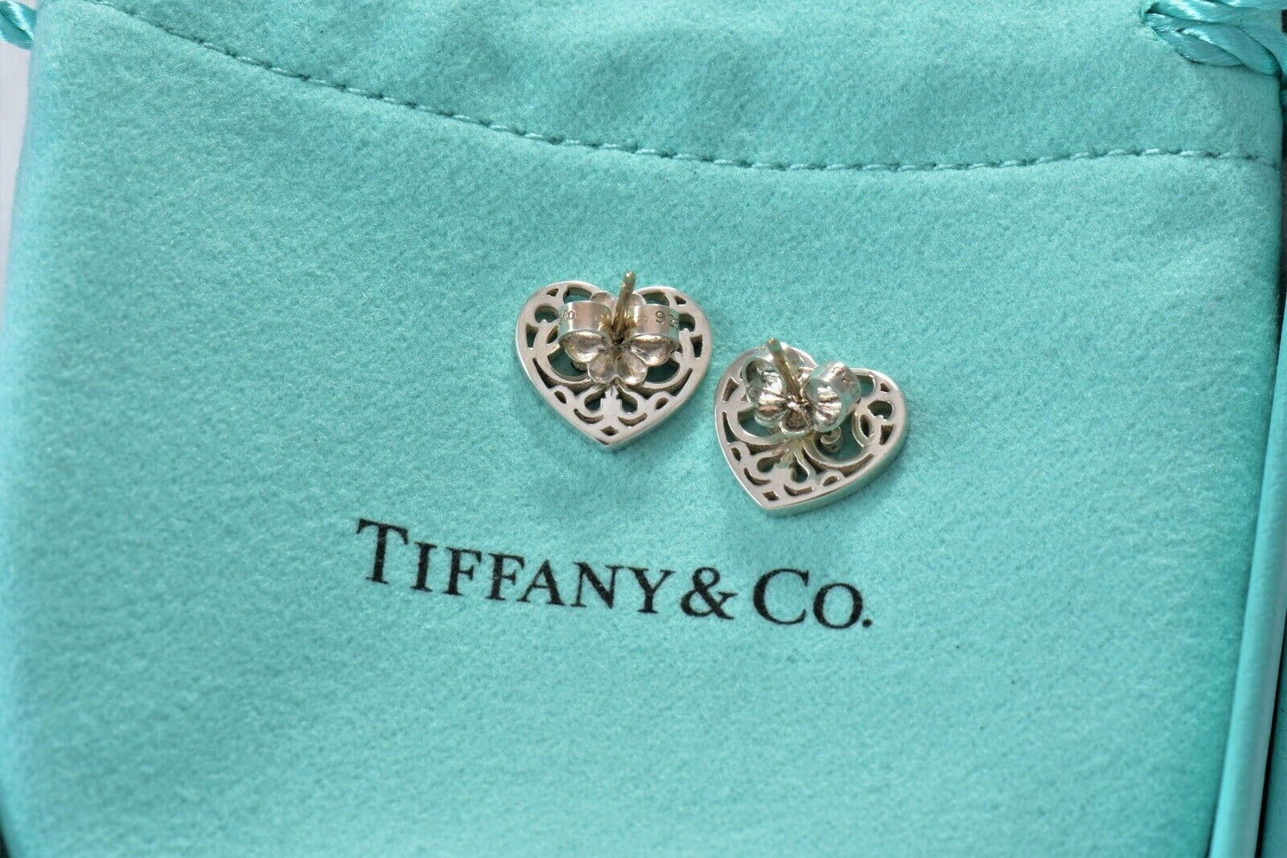 Tiffany & Co Sterling Silver Enchant Scroll Heart Earrings and Pouch Stud Lovely