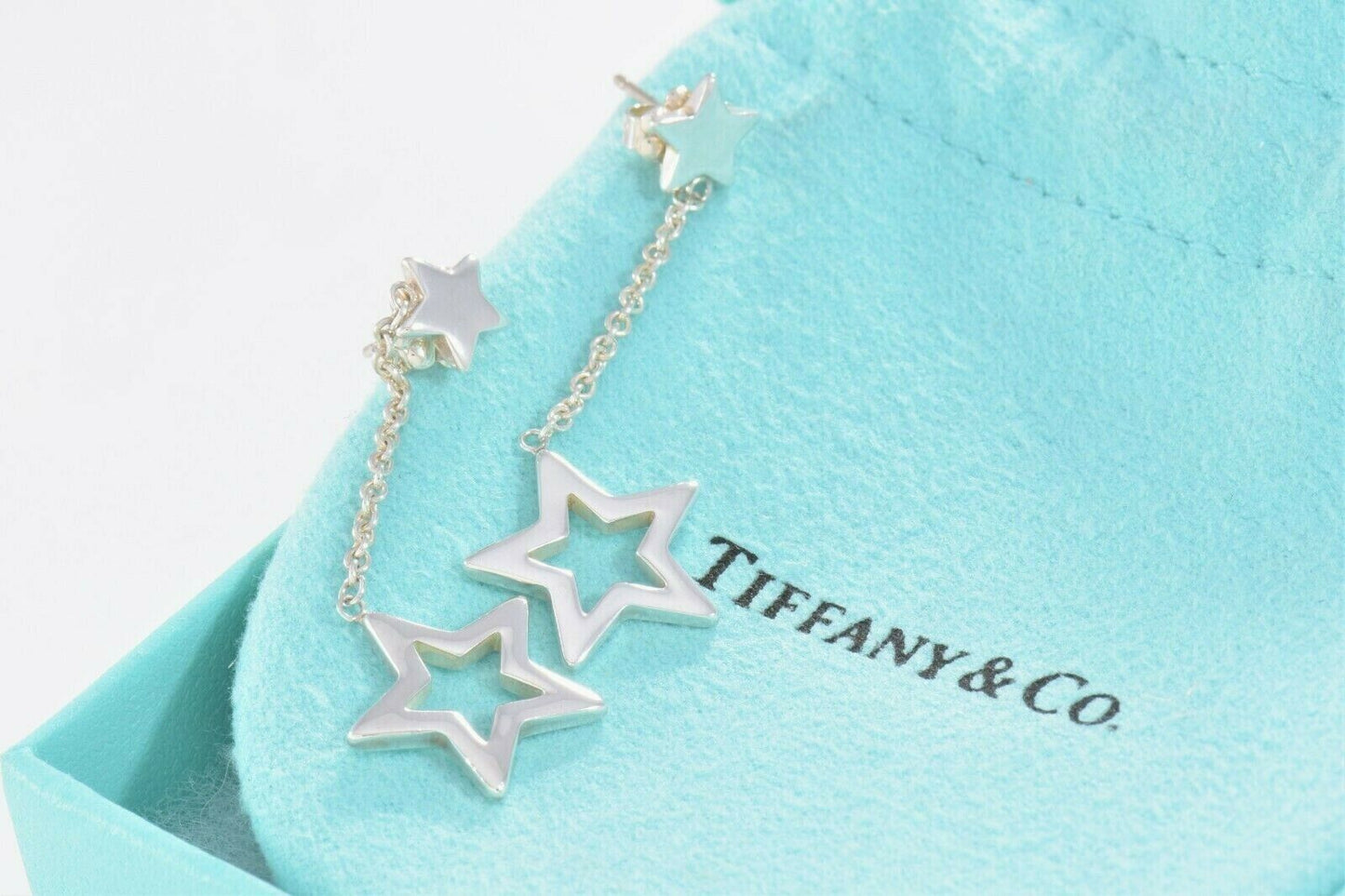 Tiffany & Co Sterling Silver Star Lariat Dangling Earrings in Box Pouch Rare