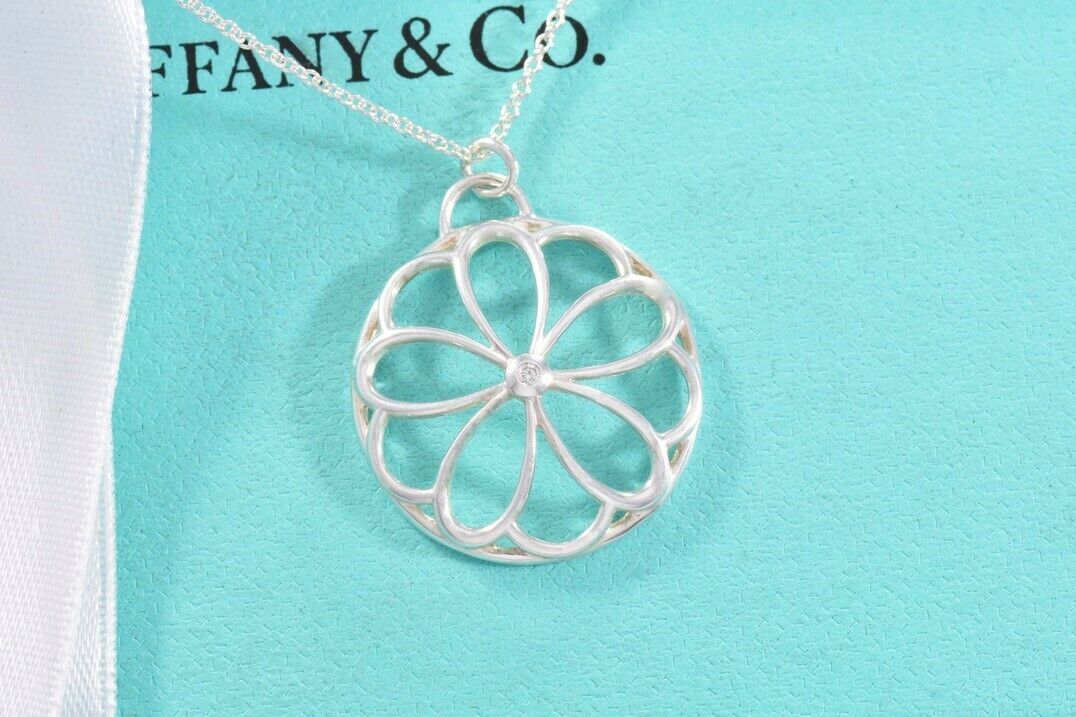 Tiffany & Co Silver Diamond Blossom Garden Flower Pendant 16.25" Necklace Pouch