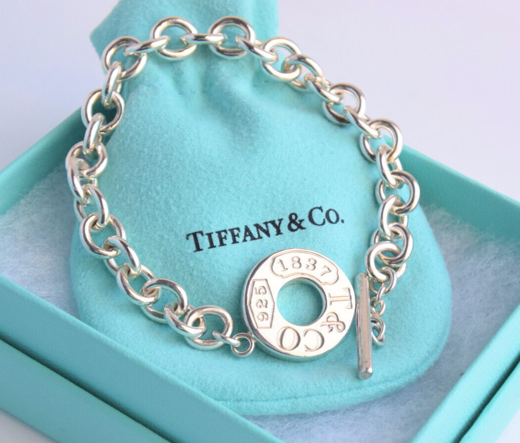 Tiffany & Co Sterling Silver 1837 Toggle Chain Link 7.5" Bracelet in Pouch Rare