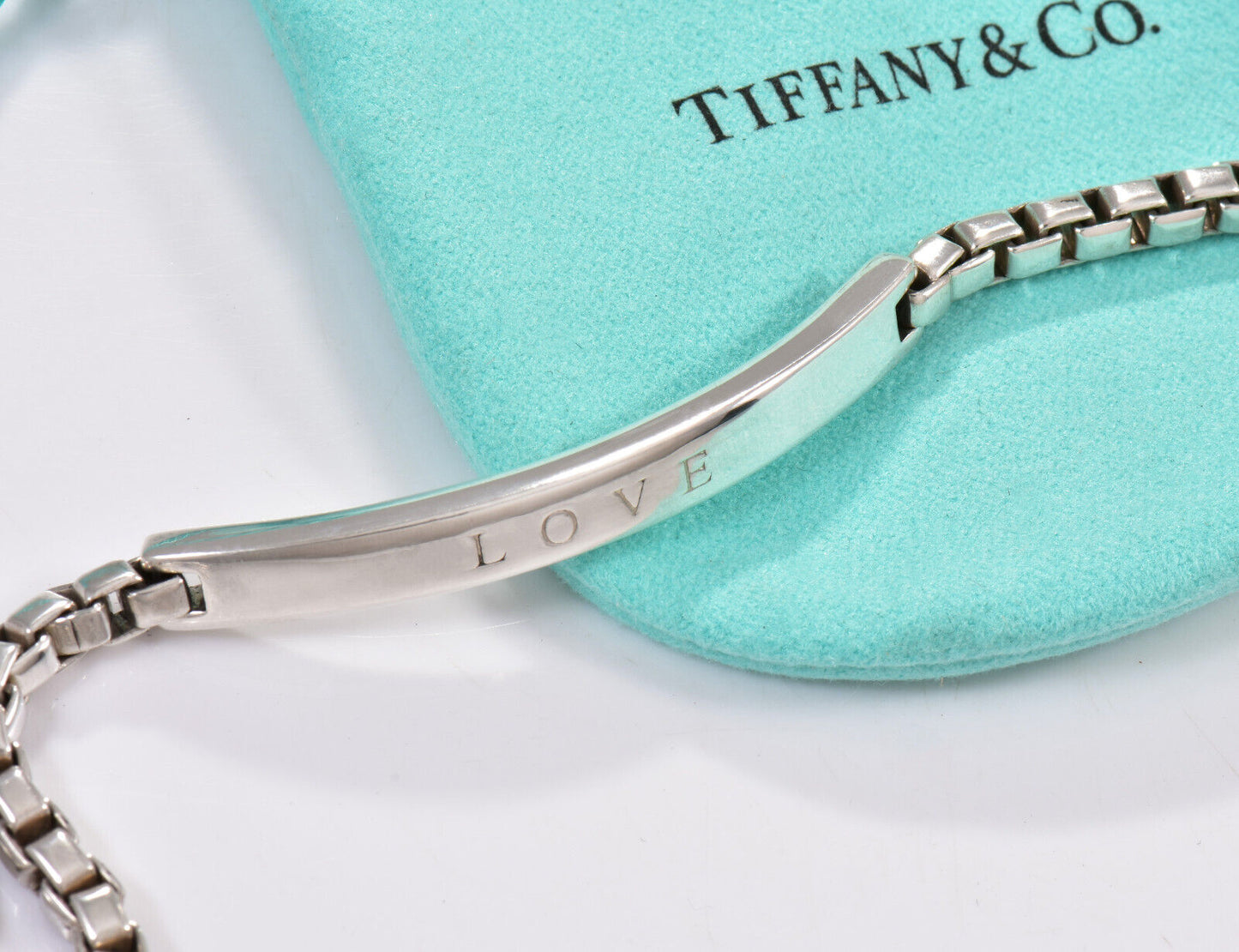 Tiffany & Co Silver LOVE Engraved Venetian Box Link ID Bar Bracelet 6.75" Pouch