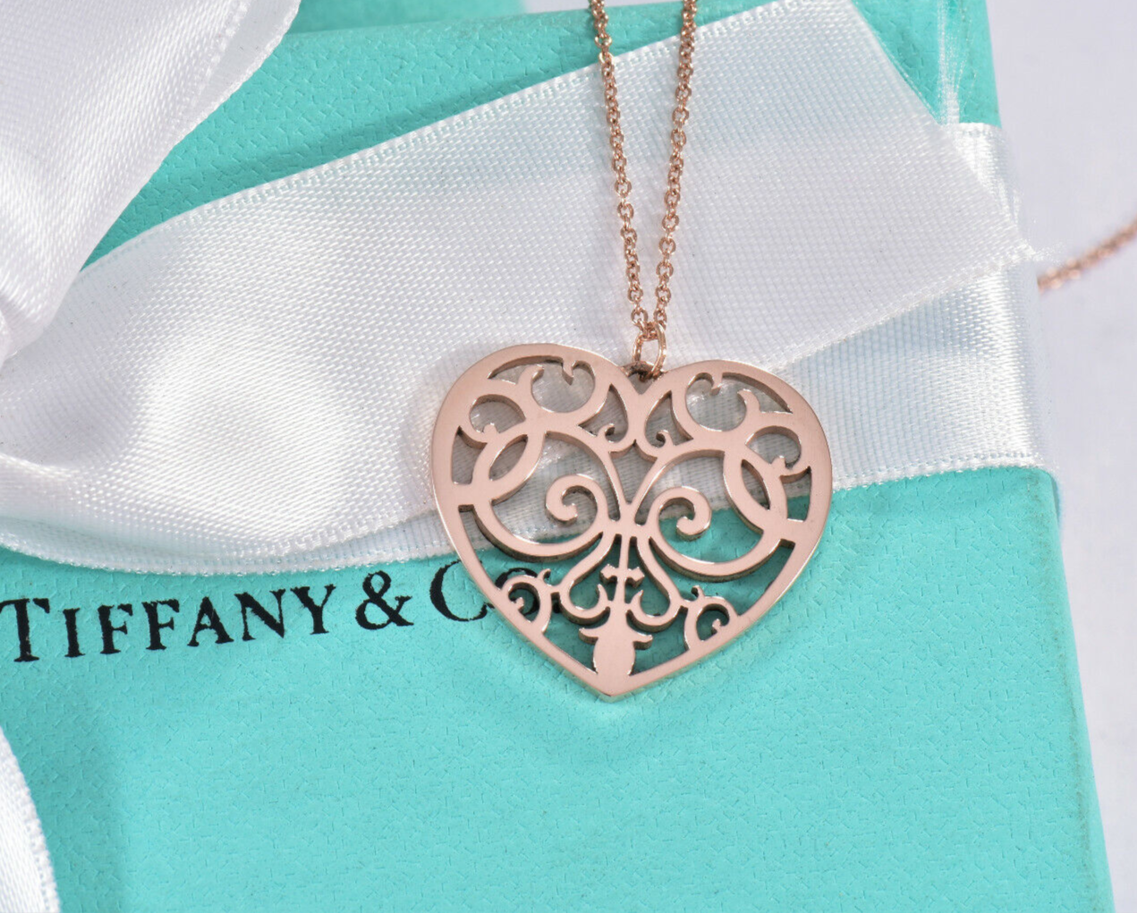 Tiffany & Co Rubedo Gold Metal Enchant Scroll 1" Large Heart 20" Necklace in Box