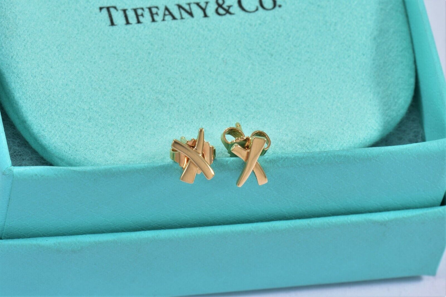 Tiffany & Co 18k Yellow Gold "X" Signature Stud 9mm Small Earrings and Box Pouch