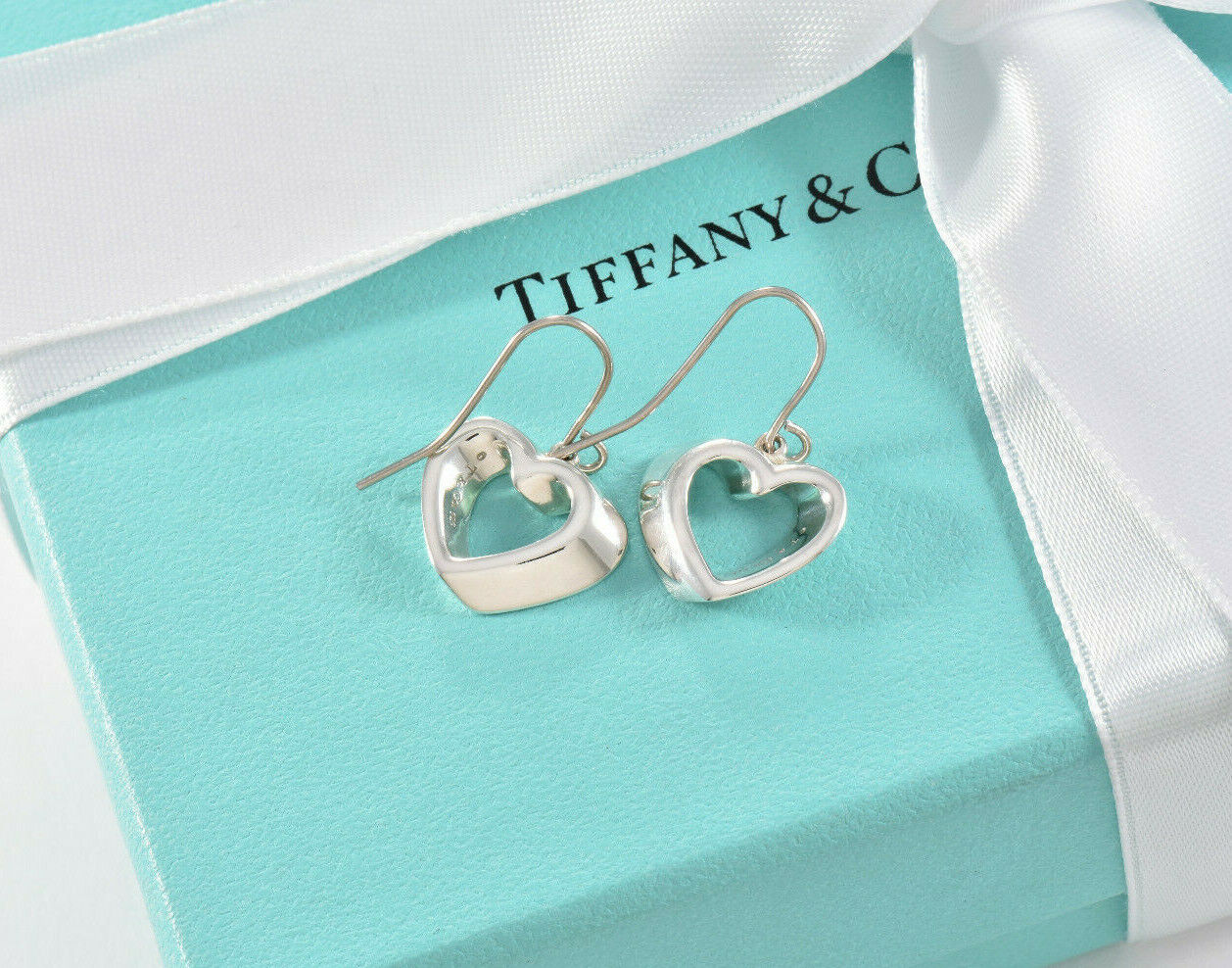 Tiffany & Co Silver Geometric 3D Heart Stencil Dangle Hook Earrings in Pouch