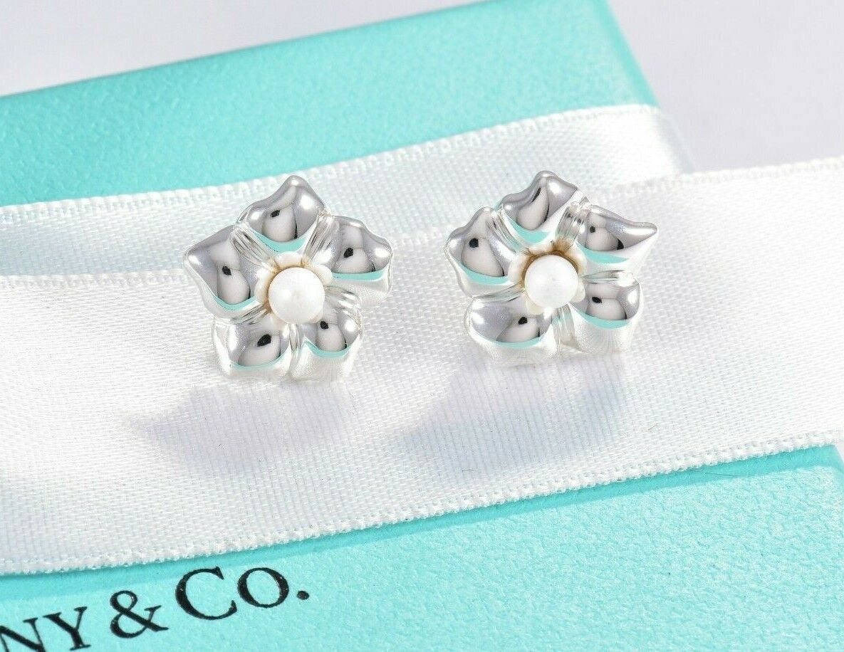 Vintage Tiffany & Co Silver Pearl Flower Petal Earrings in Box Pouch Rare Lovely