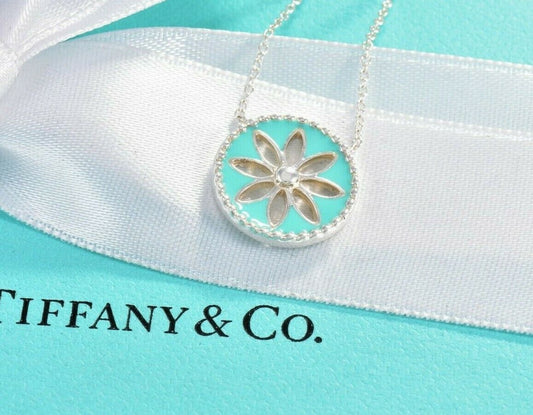 Tiffany & Co Sterling Silver Blue Enamel Daisy Flower Pendant 16" Necklace Boxed