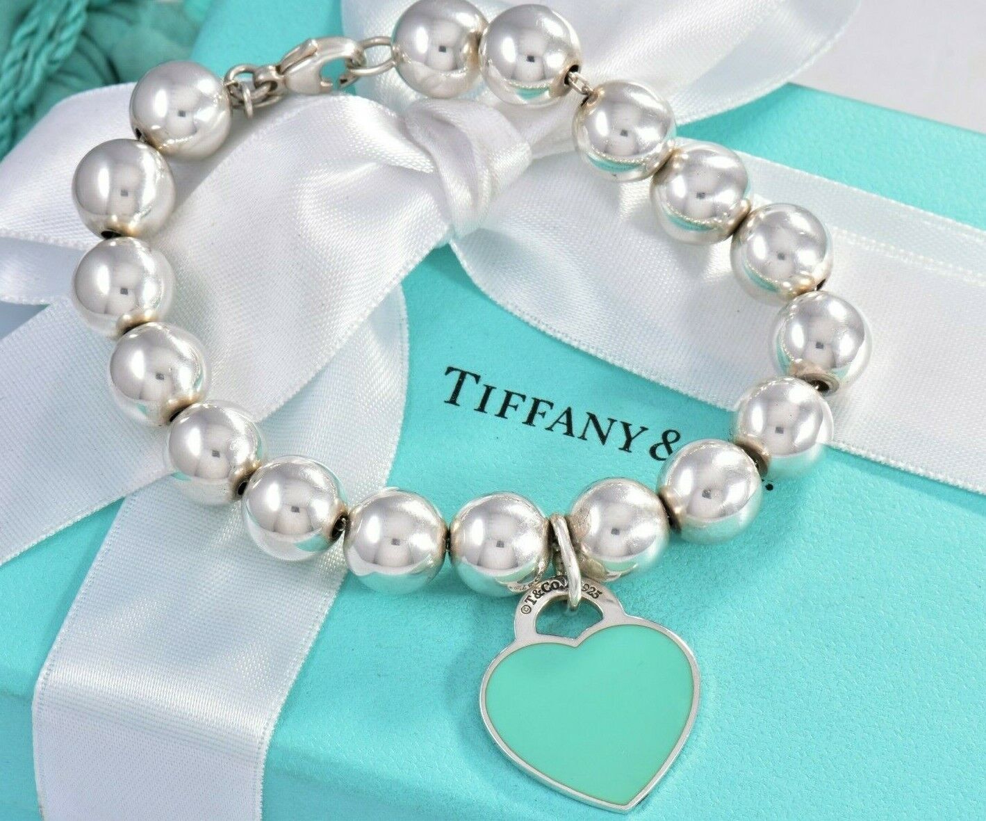 Please Return To Tiffany & Co Silver Blue Enamel Heart 10mm Bead Bracelet Rare