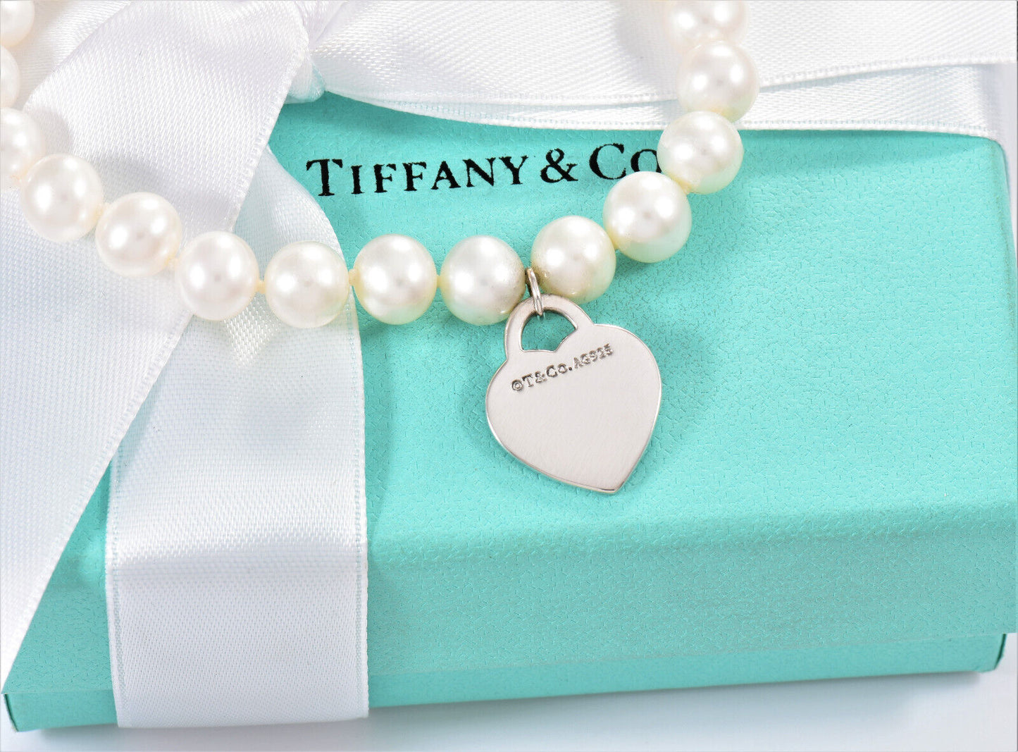 Please Return Tiffany & Co Silver Heart Charm 8mm Pearl Bead Bracelet 7.7" Boxed