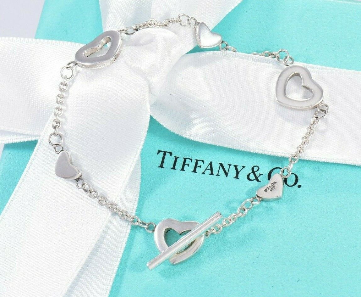 Tiffany & Co Silver Heart Lariat Toggle Chain 7" Bracelet & Pouch Rare Valentine