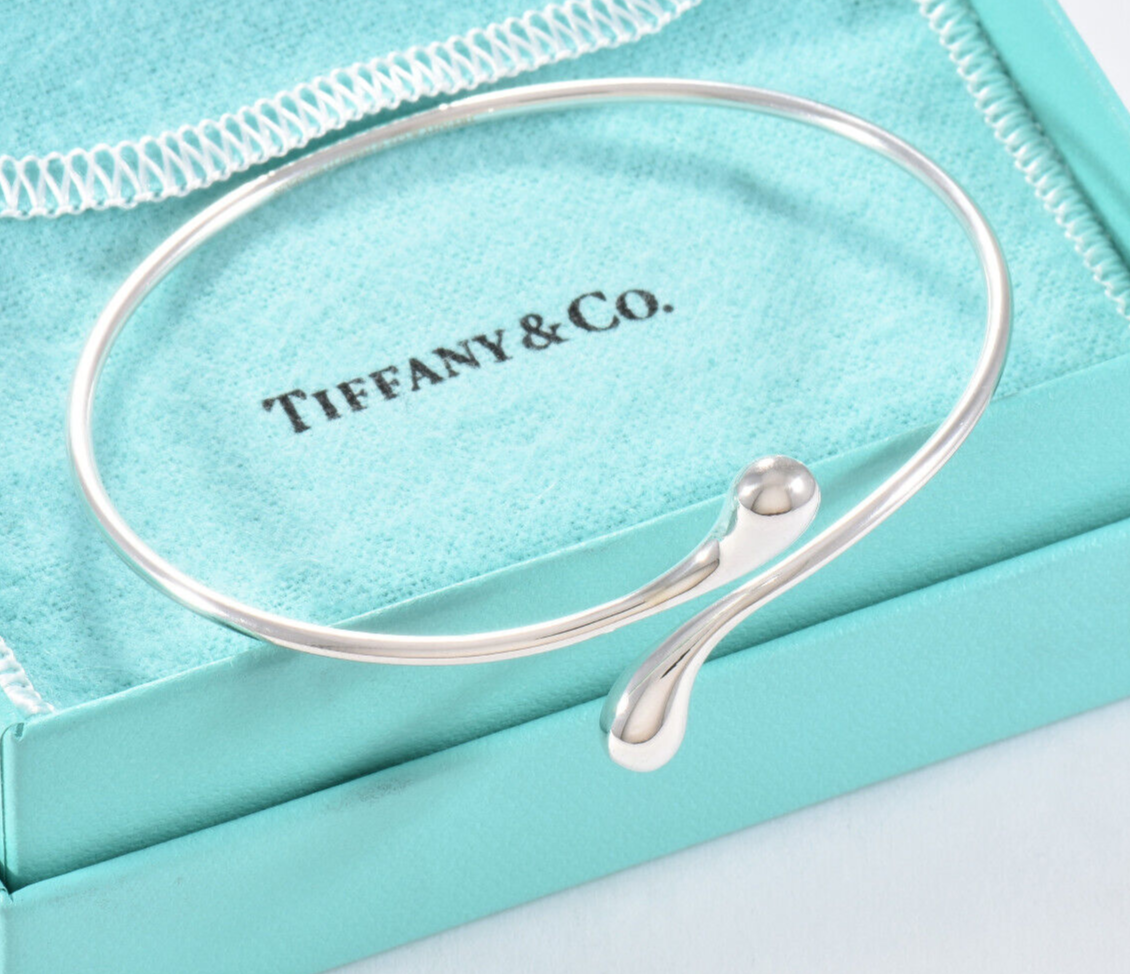 Tiffany & Co Silver Elsa Peretti Teardrop Bangle 7.25" Cuff Bracelet in Pouch