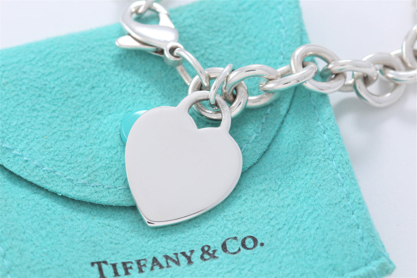 Tiffany & Co Silver Blank Engraveable Heart Tag Charm Bracelet 8" Chain Link