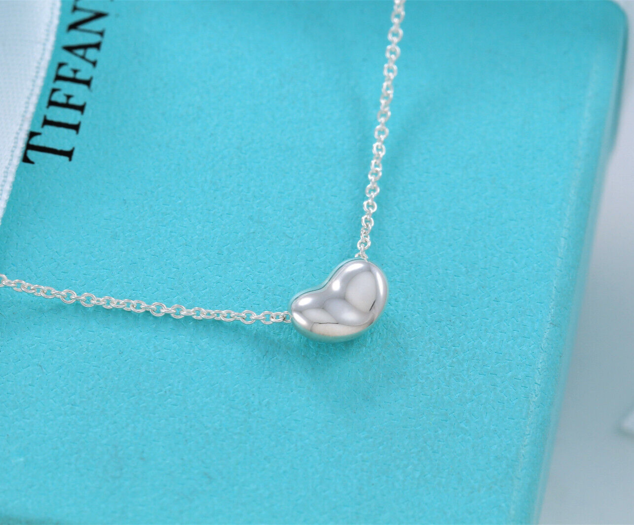 Boxed Tiffany & Co Silver Elsa Peretti 9mm Bean Pendant 17.5" Necklace Box Pouch