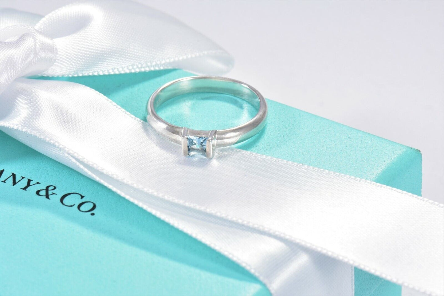 Tiffany & Co Sterling Silver Aquamarine Square Stack Band Ring Size 7.5 in Box