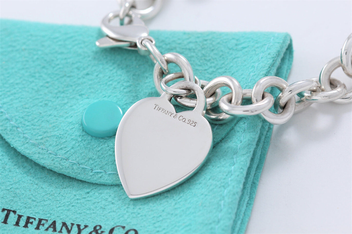 Tiffany & Co Silver Blank Engraveable Heart Tag Charm Bracelet 8" Chain Link