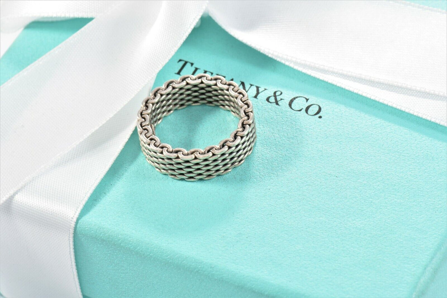 Tiffany & Co Somerset Sterling Silver Firm Mesh Ring Size 6.5 in Pouch Lovely