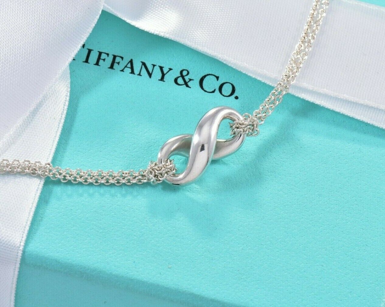 Tiffany & Co Sterling Silver Infinity Double Chain Necklace 16" in Pouch Classic