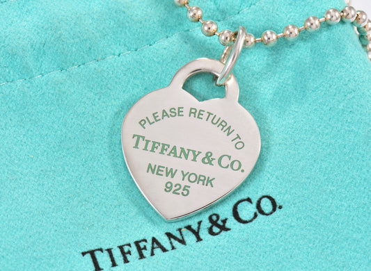 Please Return To Tiffany & Co Silver Heart Tag Blue Enamel  16" Bead Necklace