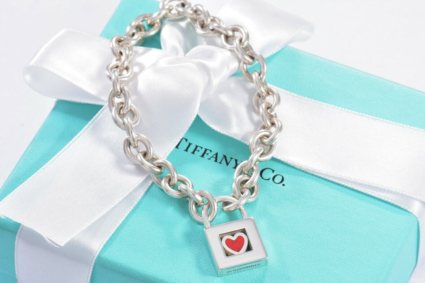 Tiffany & Co Sterling Silver Red Enamel Heart Lock 8" Chain Link Bracelet Rare