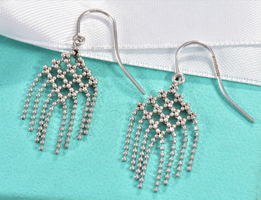 Tiffany & Co 18K White Gold Fringe Flower Hook Drop Earrings Boxed Dangle Gatsby