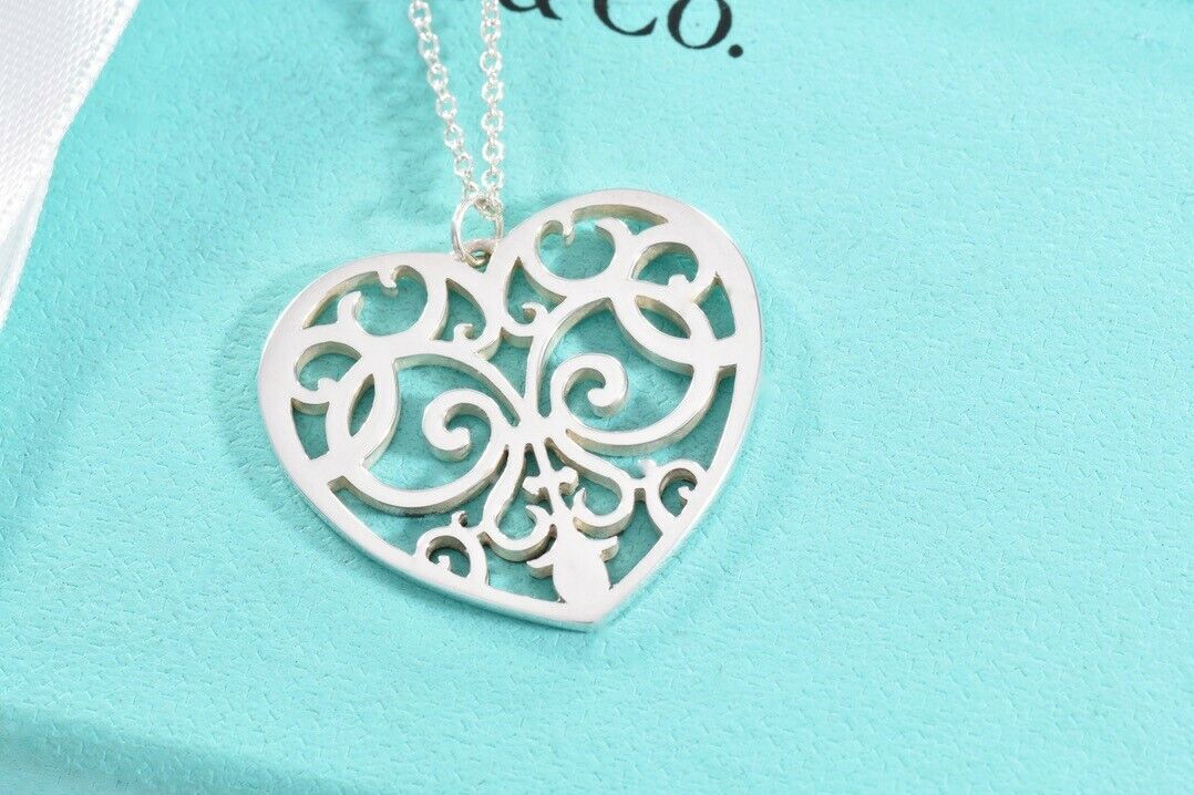 Tiffany & Co Silver Large Enchant Scroll Heart Pendant XL 20" Necklace Boxed