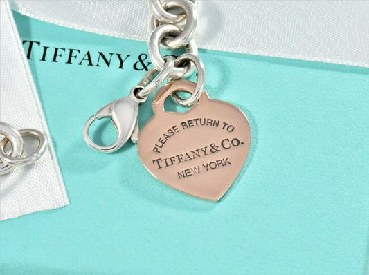 Please Return to Tiffany & Co Rubedo Heart Tag Charm 7.5" Chain Bracelet & Pouch