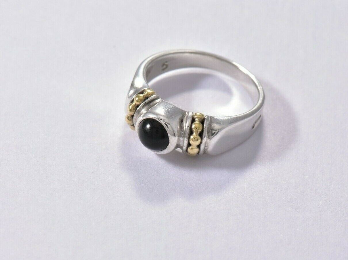 Vintage Lagos Caviar Sterling Silver Black Onyx Cabochon 18K Gold Ring Rare