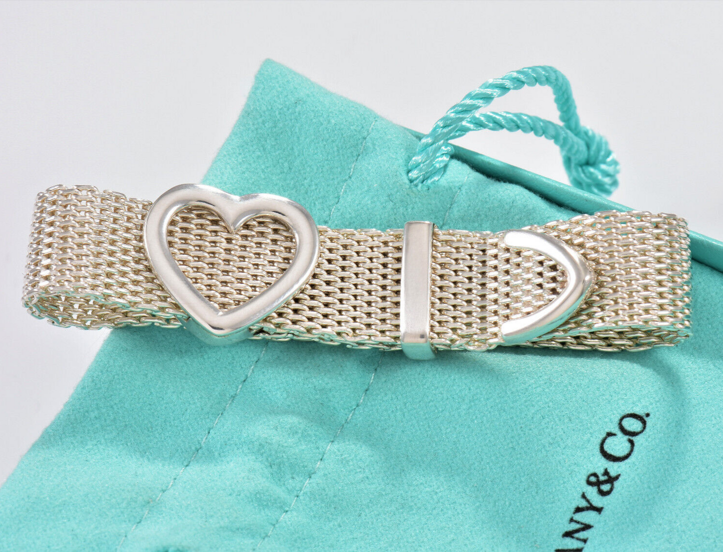 Tiffany & Co Silver Somerset Heart Mesh Belt Buckle 9" Bracelet in Pouch Rare