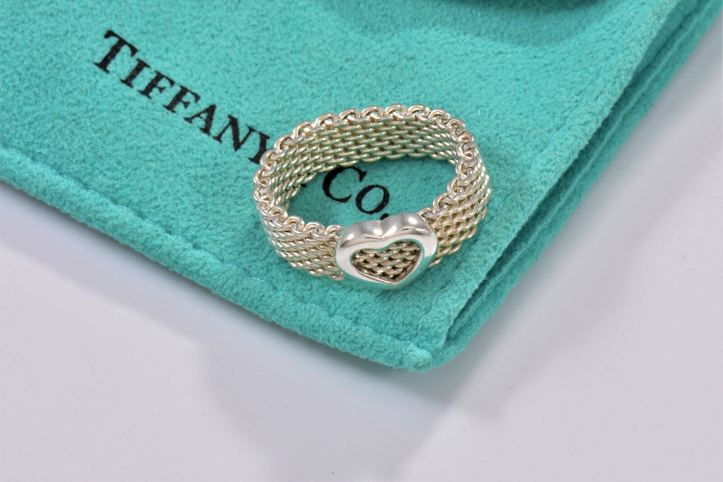 Tiffany & Co Sterling Silver Heart Mesh Love Ring Size 6 with Pouch Rare Lovely