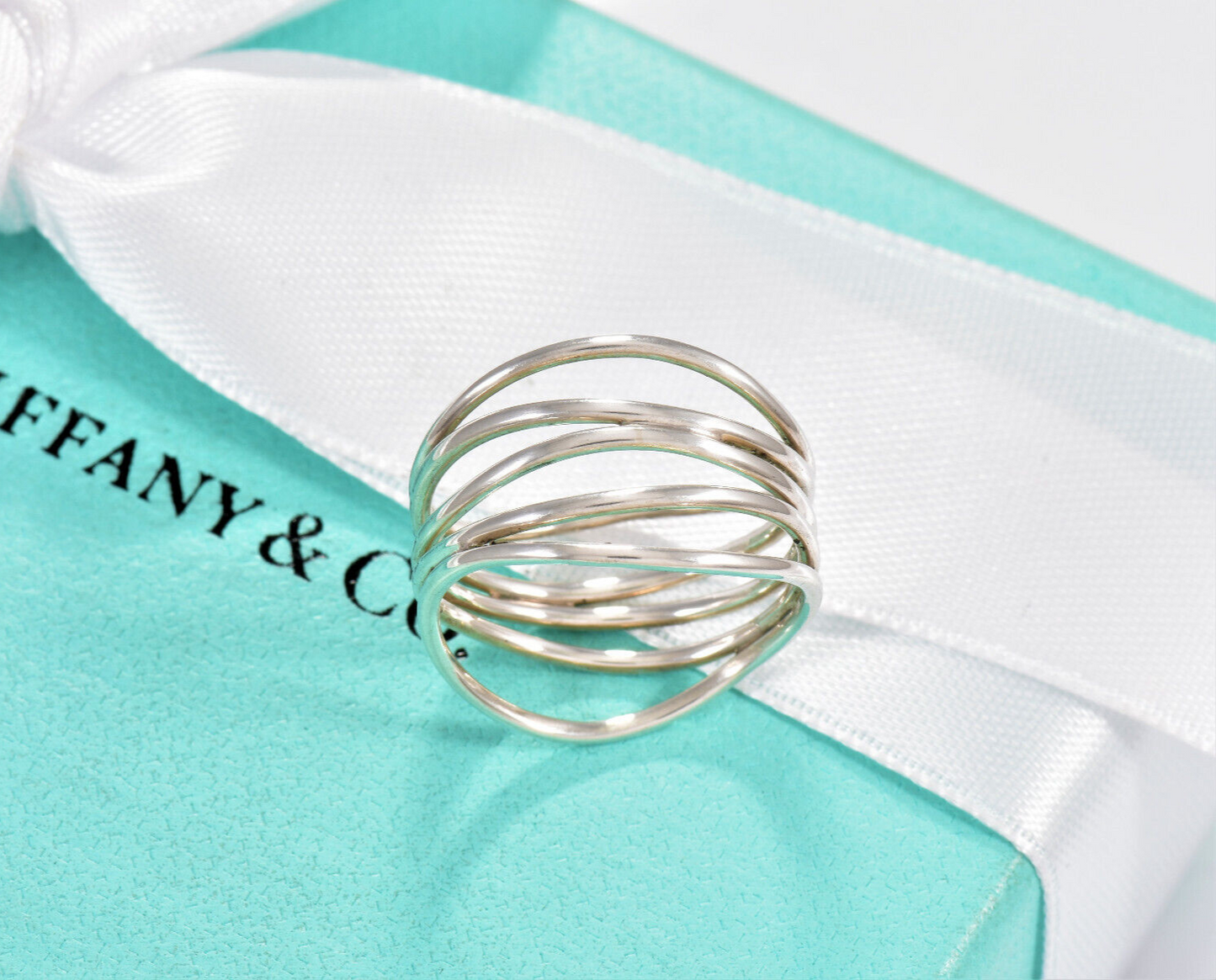 Tiffany & Co Silver Elsa Peretti Five Row Wide Ring Size 6 in Box Pouch Lovely