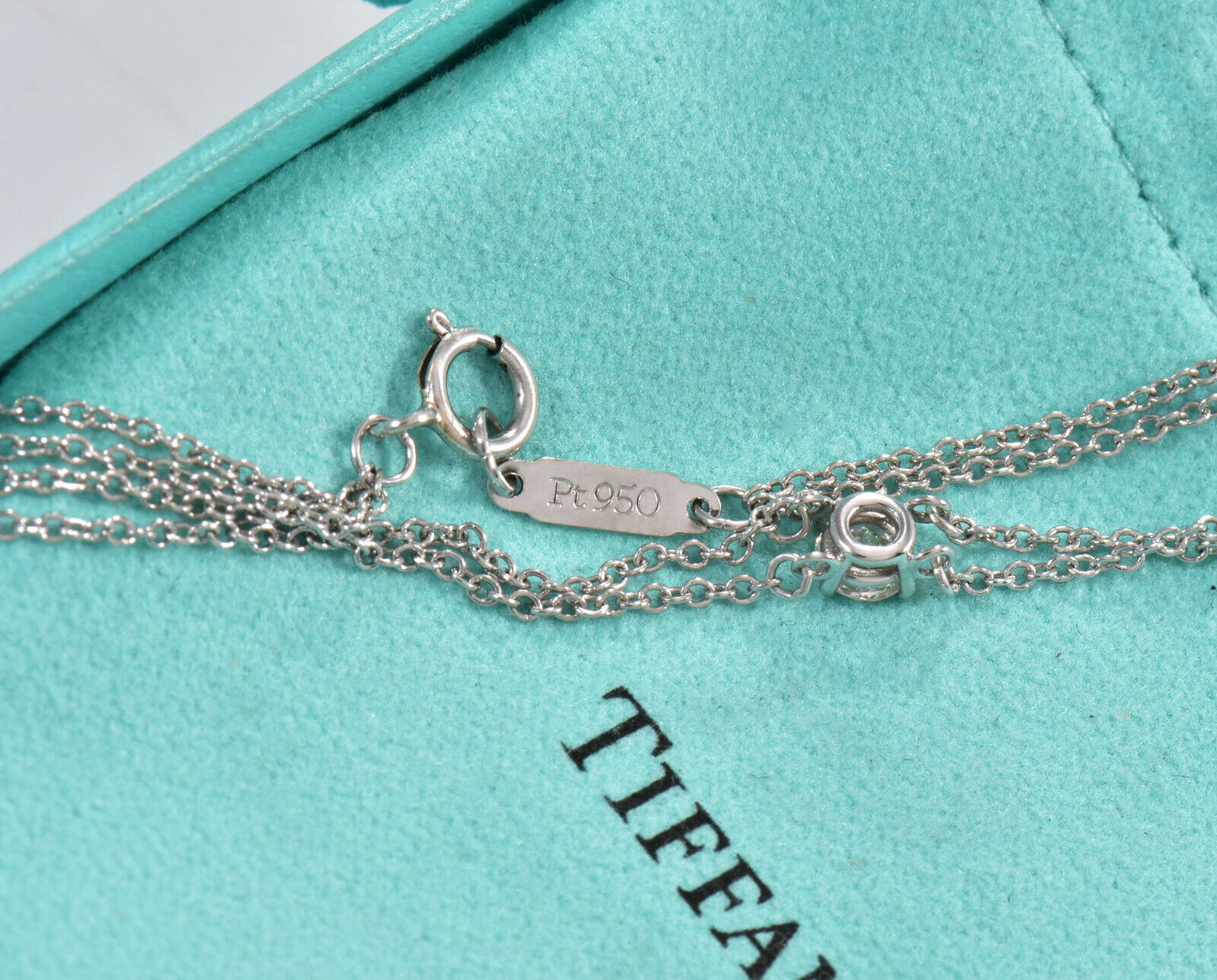 Tiffany & Co .17 ct Diamond Solitaire Platinum Double Chain Bracelet & Box Pouch