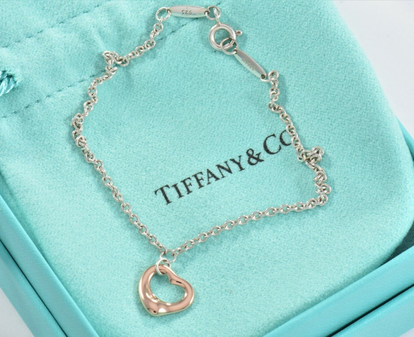 Tiffany & Co Rose Gold Silver Elsa Peretti Mini Open Heart 7.5" Bracelet & Pouch