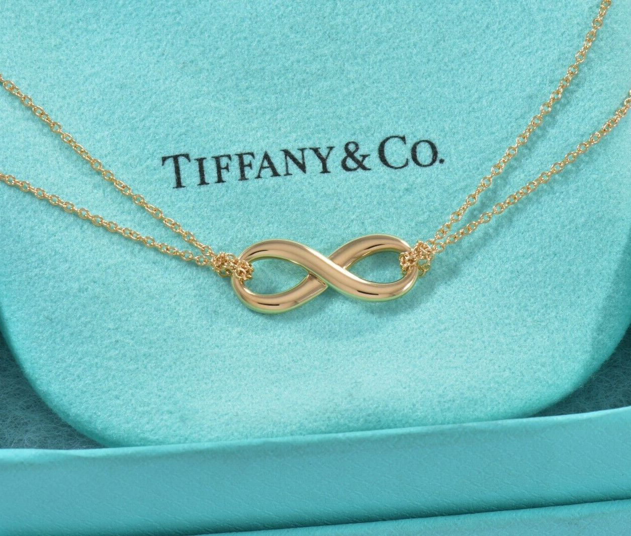 Tiffany & Co 18K Yellow Gold Infinity Pendant Double Chain Necklace in Box Pouch